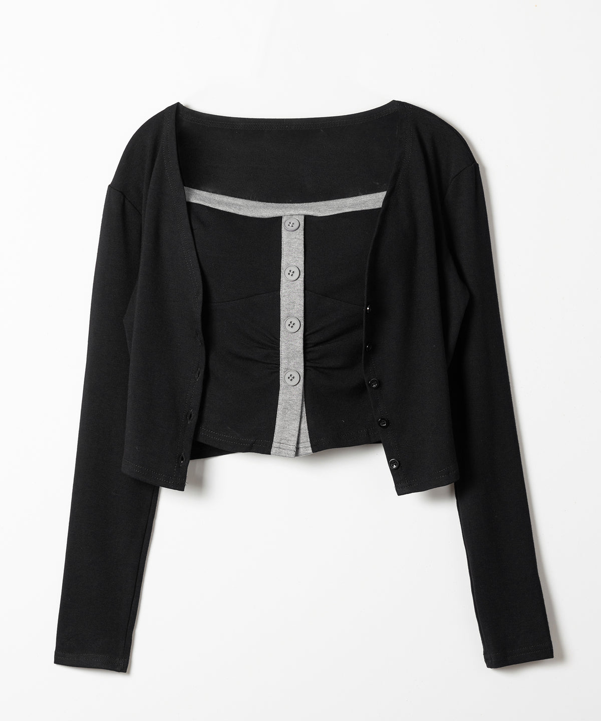 【 ２点セット 】バイカラーボタンベアトップス＆ショートカーディガン SET ／ bicolor button bare top & short cardigan SET
