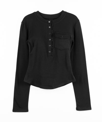 【 裏起毛 】レースドッキングヘンリーネックトップス ／ lace docking henley neck tops