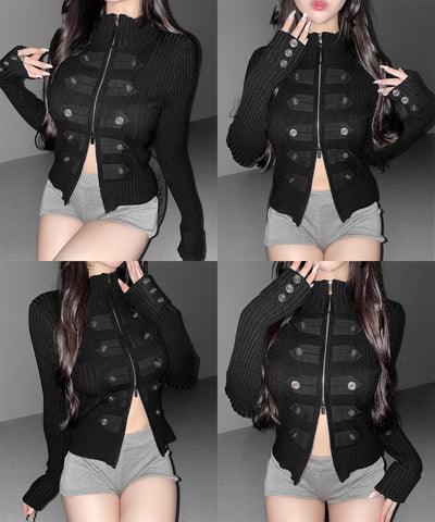 ナポレオンジップアップスリムリブニットカーディガン ／ Napoleon zipup slim rib knit cardigan