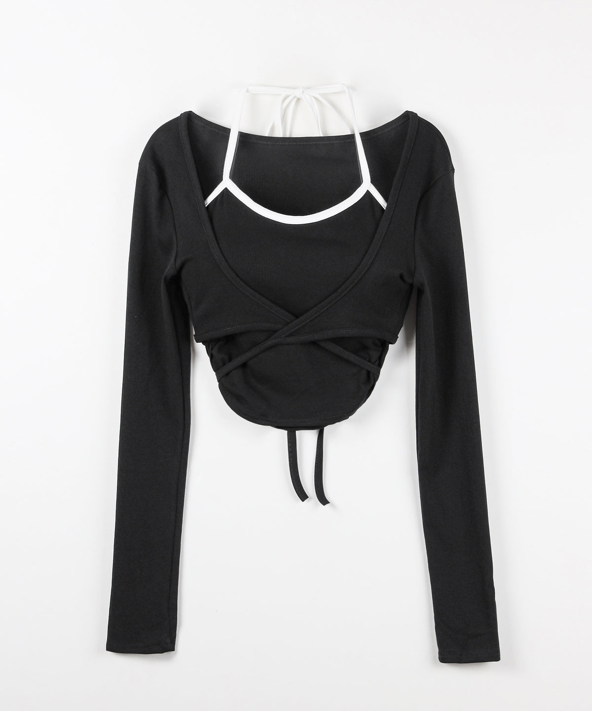 【２点セット 】２WAY クロスストラップショートカーディガン＋ ホルターリボンバイカラーキャミSET ／ 2WAY cross strap short cardigan + halter ribbon bicolor camisole SET