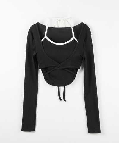 【２点セット 】２WAY クロスストラップショートカーディガン＋ ホルターリボンバイカラーキャミSET ／ 2WAY cross strap short cardigan + halter ribbon bicolor camisole SET