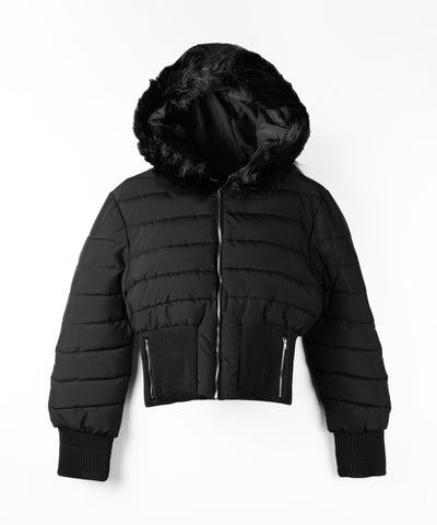 ウエストマークファーフードレディフェイクダウンジャケット ／ waist mark fur hooded lady fake down jacket