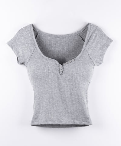 【 ３color 】ミニボタンヘンリーネック半袖チビTシャツ ／ mini button Henley neck short sleeve chibi T-shirt