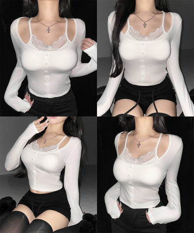 レースキャミスクエアネック長袖リブＴシャツ ／ Lace camisole square neck long-sleeve ribbed T-shirt