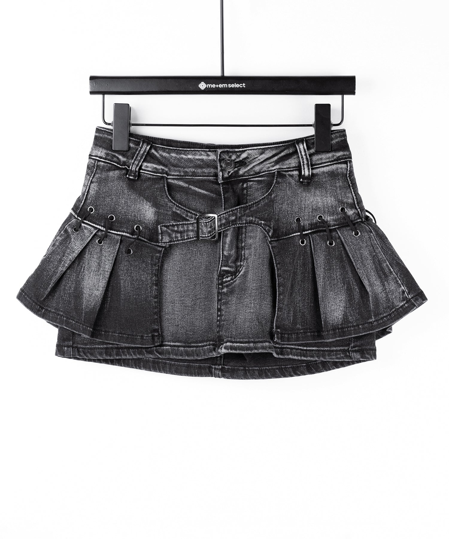 【 インパン裏地付 】ベルテッドマイクロプリーツデニムミニスカパン ／ belted micro pleats denim skirt pants