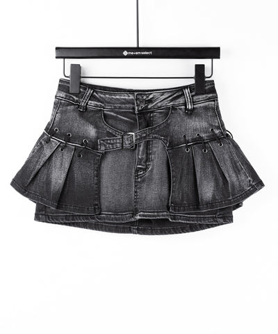 【 インパン裏地付 】ベルテッドマイクロプリーツデニムミニスカパン ／ belted micro pleats denim skirt pants