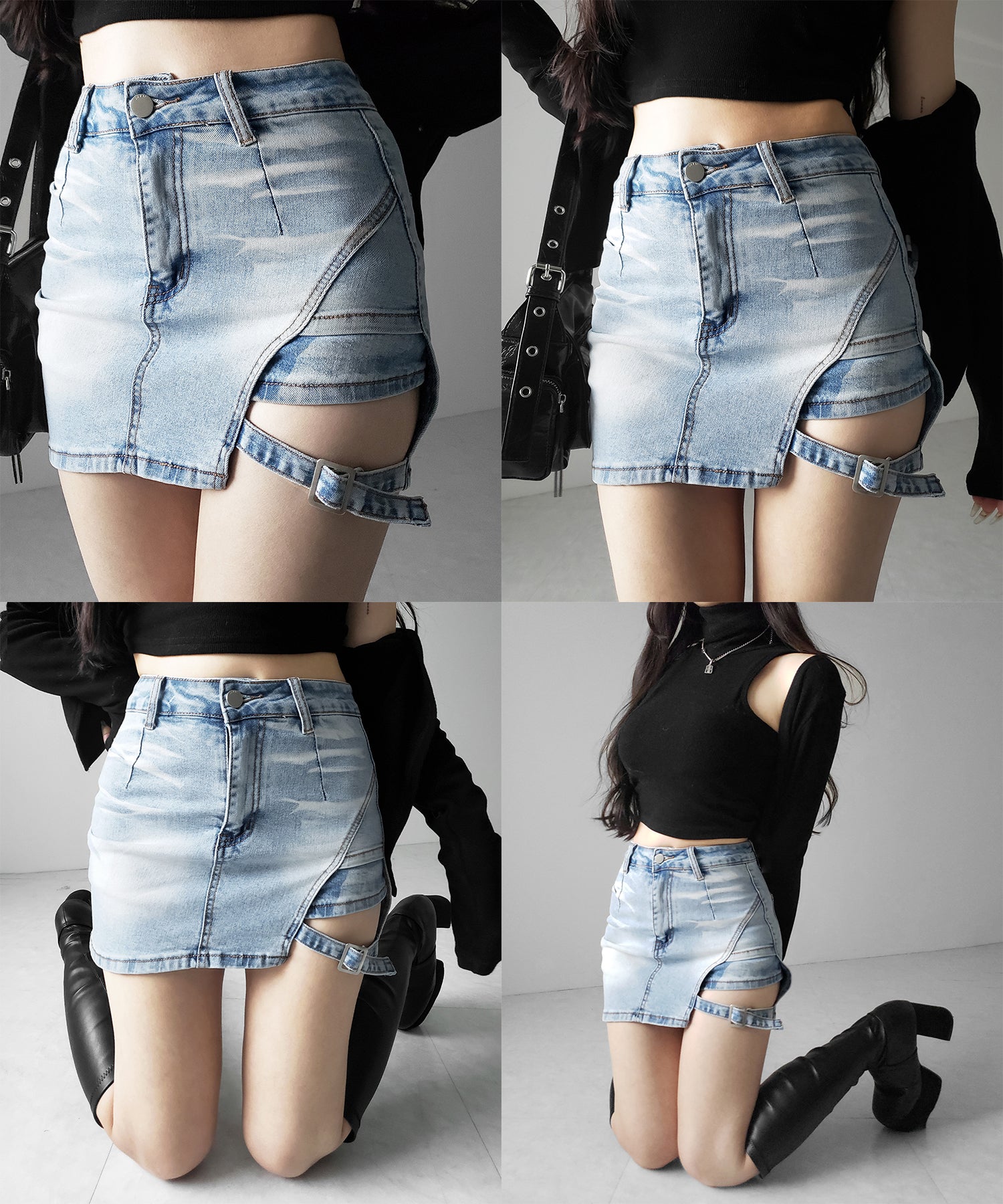 【 インパン裏地付 】カットアウトベルトストラップデニムミニスカパン ／ cutout belt strap denim mini skirt pants