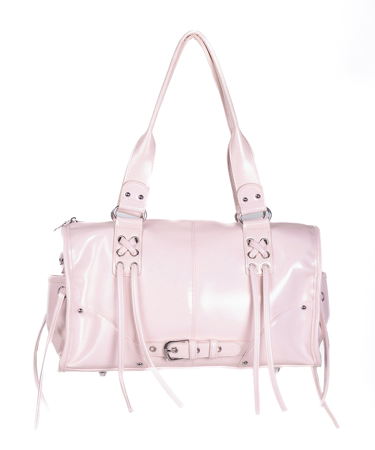 【 ショルダーストラップ付き２WAY 】レースアップベルテッドフリンジボストンショルダーバッグ／lace up belted fringe boston shoulder bag