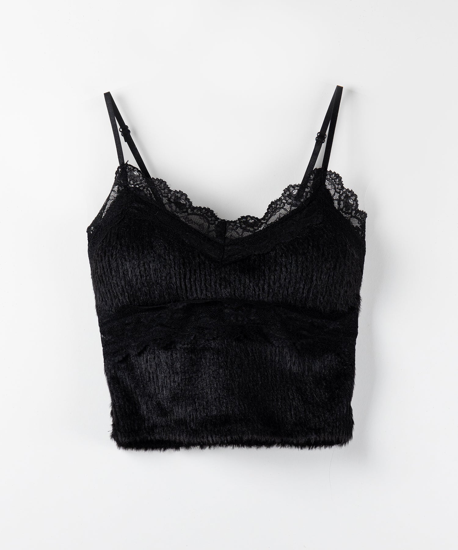 【 カップ付き 】ダブルレースシャギーファーショートビスチェキャミソール ／ double lace shaggy fur short bustier camisole