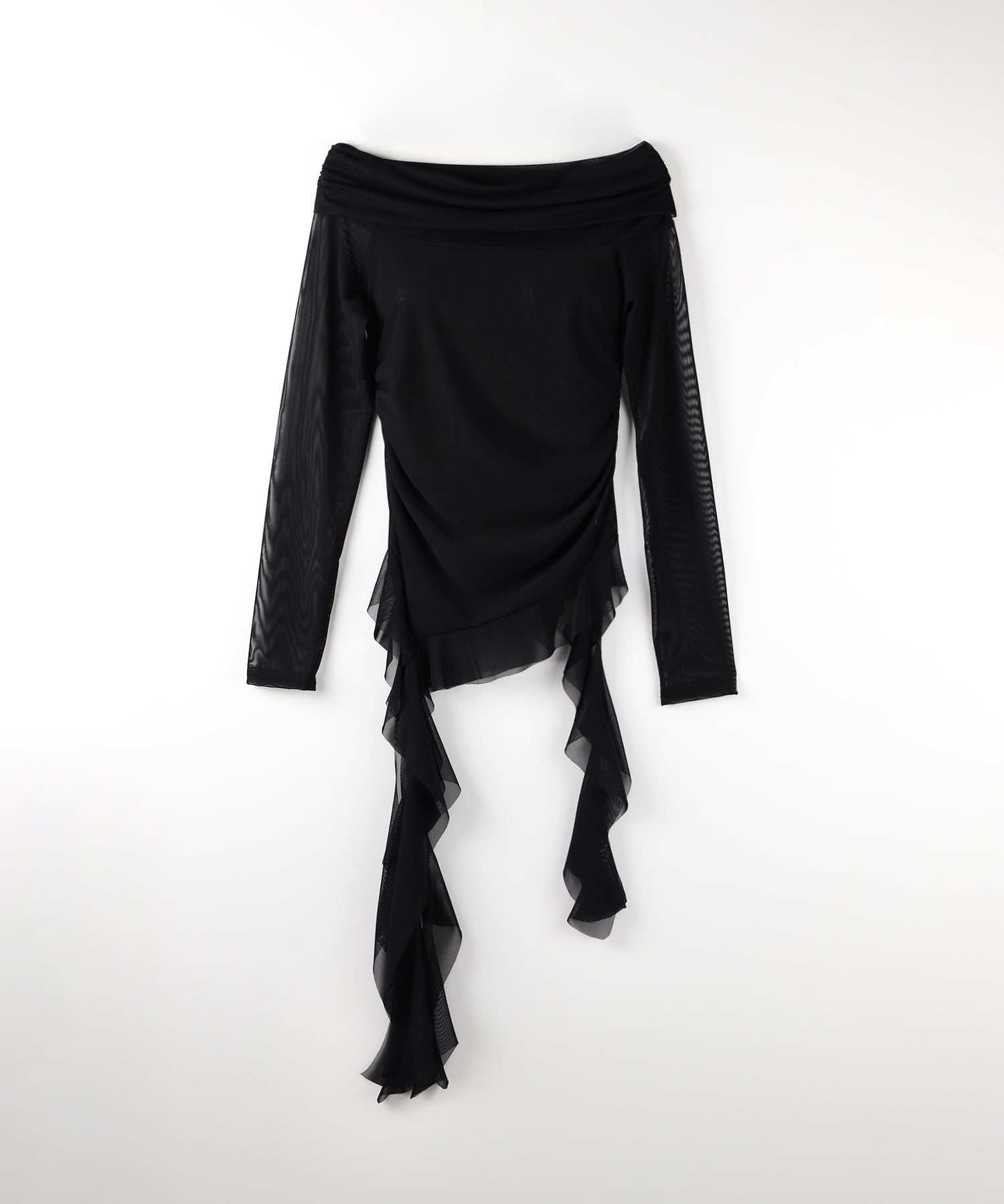 【 ２color 】アシンメトリーフリルオフショルシアートップス ／ asymmetrical frill off-shoulder sheer tops