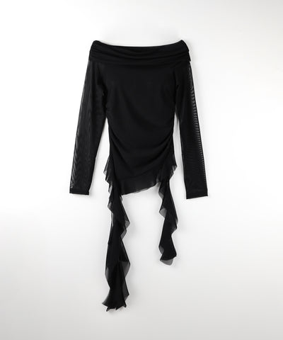 【 ２color 】アシンメトリーフリルオフショルシアートップス ／ asymmetrical frill off-shoulder sheer tops