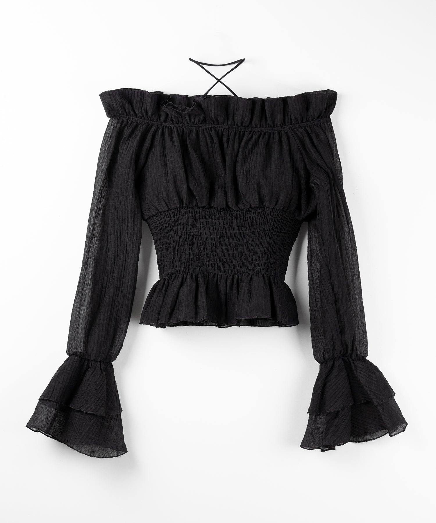 【 ２color ／ ２WAY 】ウエストシャーリングシアーフリルオフショルブラウス ／ waist shirring sheer frill off shoulder blouse