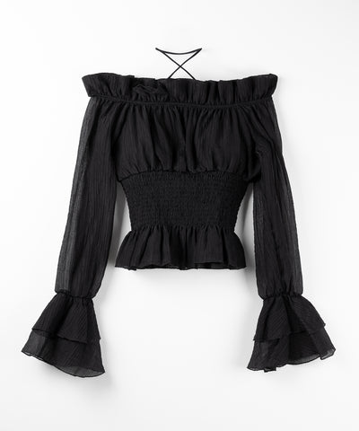 【 ２color ／ ２WAY 】ウエストシャーリングシアーフリルオフショルブラウス ／ waist shirring sheer frill off shoulder blouse