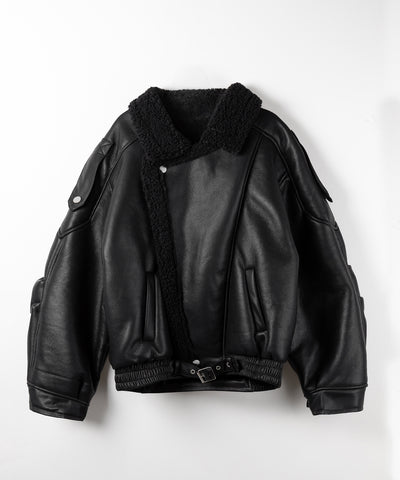 【 ２color 】フェイクレザーベルテッドボアムートンジャケット ／ fake leather belted boa mouton jacket