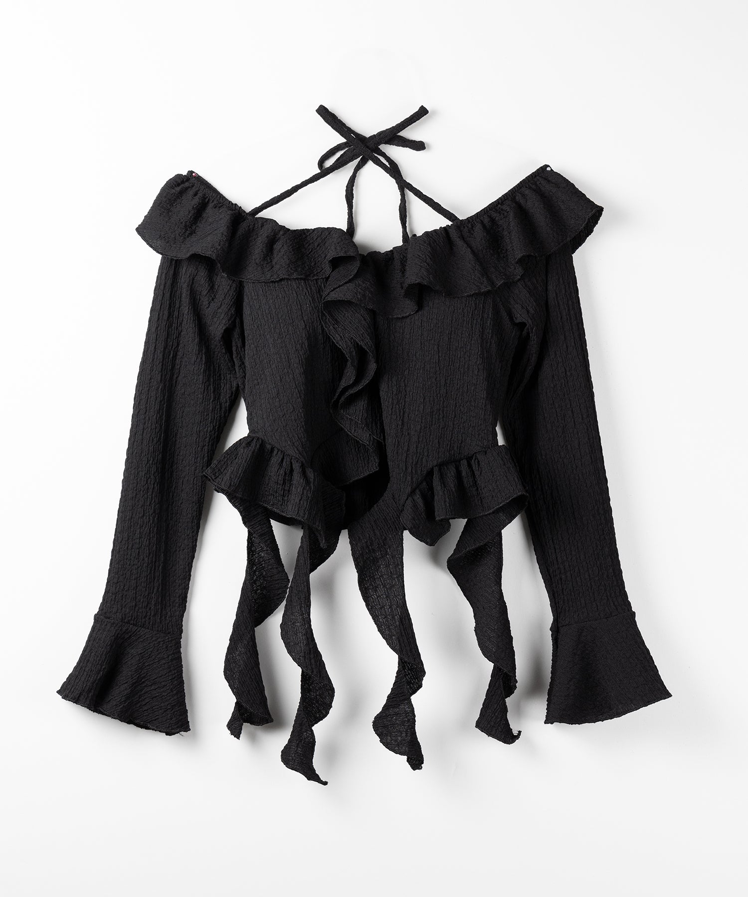 【 ２color 】クロスストラップリボンオフショルダーフリルブラウス ／ cross strap ribbon off shoulder frill blouse