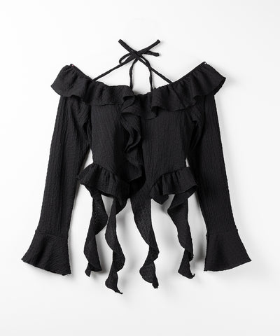 【 ２color 】クロスストラップリボンオフショルダーフリルブラウス ／ cross strap ribbon off shoulder frill blouse