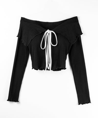 バイカラーリボンオフショルショートトップス ／ bicolor ribbon off shoulder short tops