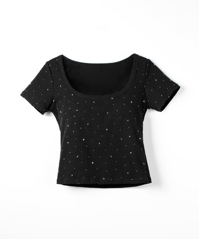 ラインストーンスクエアネックタイトＴシャツ ／Rhinestone square neck tight T-shirt