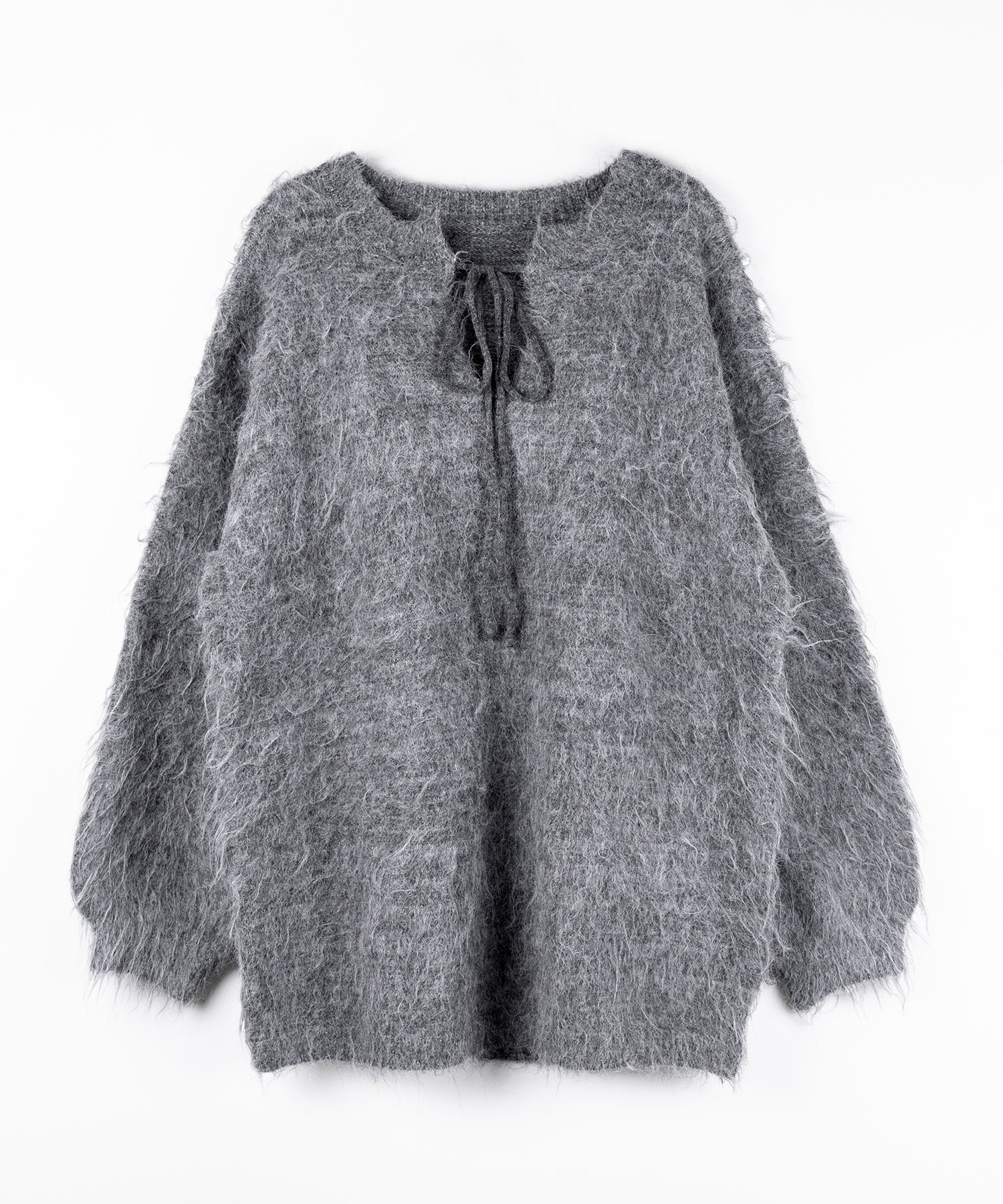 ストラップリボンオフショルオーバーシャギーニット ／ strap ribbon off shoulder over shaggy knit