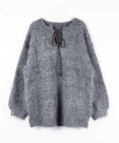 ストラップリボンオフショルオーバーシャギーニット ／ strap ribbon off shoulder over shaggy knit