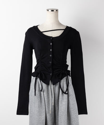 【 ２color ／ 裏起毛 】ナナメストラップダブルシャーリングリボントップス ／ naname strap double shirring ribbon tops