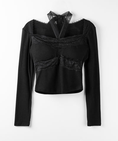 【 ２color ／ ２WAY 】クロスネックレースリボンスクエアカットソートップス ／ cross neck lace ribbon square cutsaw tops
