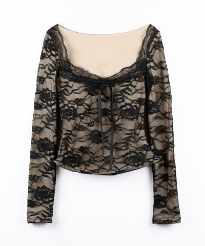 【 裏起毛 】フロントリボンレースレイヤードスクエアネックトップス ／ urakimo front ribbon lace layered square neck