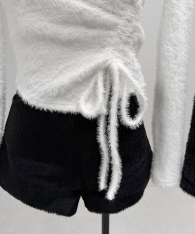 【 ３color 】クロスネックシャーリングリボンシャギートップス ／ cross neck shirring ribbon shaggy tops