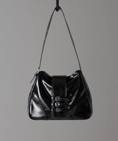 【 ３color 】ベルテッドフェイクレザーショルダーバッグ ／ belted fake leather shoulder bag