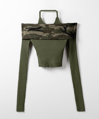 オフショルダーカモフラホルターネックリブニット ／ off shoulder camouflage halter neck lib knit
