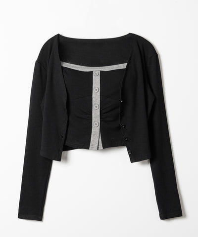 【 ２点セット 】バイカラーボタンベアトップス＆ショートカーディガン SET ／ bicolor button bare top & short cardigan SET