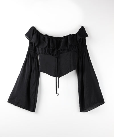 【 ２color ／ ３WAY 】チョーカーリボンフレアスリーブオフショルブラウス ／ choker ribbon flare sleeve off-shoulder blouse