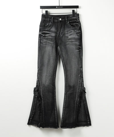 【 ２color ／ ４size 】ヴィンテージライクフリンジストレッチフレアデニム ／ Vintage-like fringe stretch flare denim