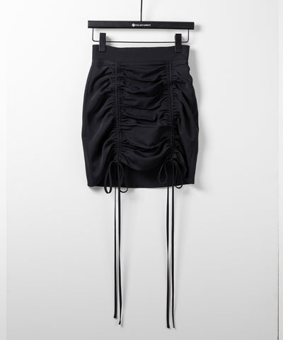 【 インパン裏地付 ／ セルフカット調節可能 】 ストラップダブルリボンシャーリングミニスカート ／ strap double ribbon shirring mini skirt