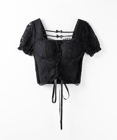【 ２color 】フロントリボンレースアップコルセットブラウス ／ front ribbon lace-up corset blouse