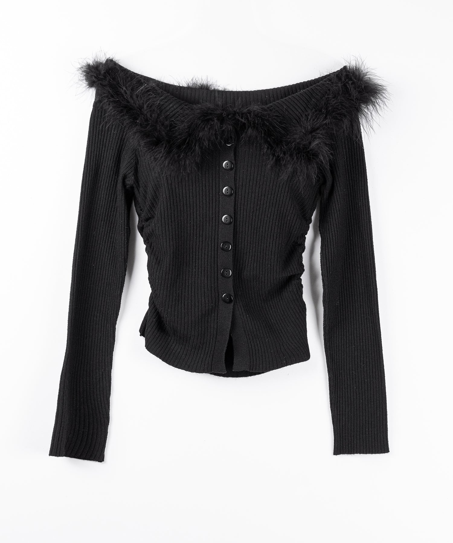フェザーファー襟オフショルリブニットトップス ／feather fur collar off shoulder rib knit tops