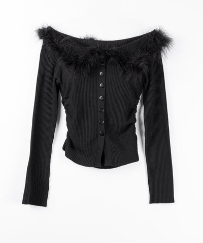 フェザーファー襟オフショルリブニットトップス ／feather fur collar off shoulder rib knit tops