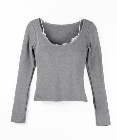 【 カップ付き 】裏起毛レースレイヤードぴちカットソートップス ／ urakimo square neck pichi cutsew tops