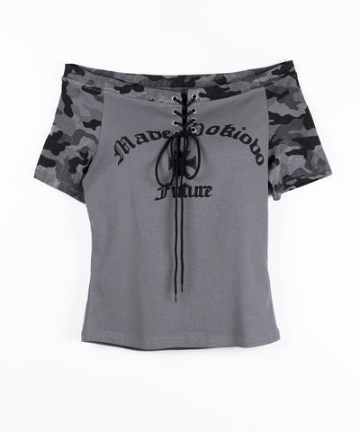 半袖ヴィンテージカモフラロゴオフショルTシャツ ／ short sleeve vintage camouflage logo off-shoulderT-shirt