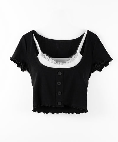 【 ２点セット 】レイヤードレースキャミソール ＋ スクエアネックフロントボタンTシャツ SET
