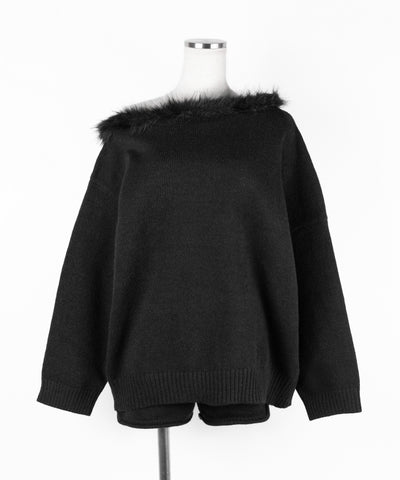 【 ニットセットアップ 】フェイクファーワンショルオーバーニット ＋ ニットショートパンツ SET ／ fake fur one-shoulder over knit + knit short pants SET