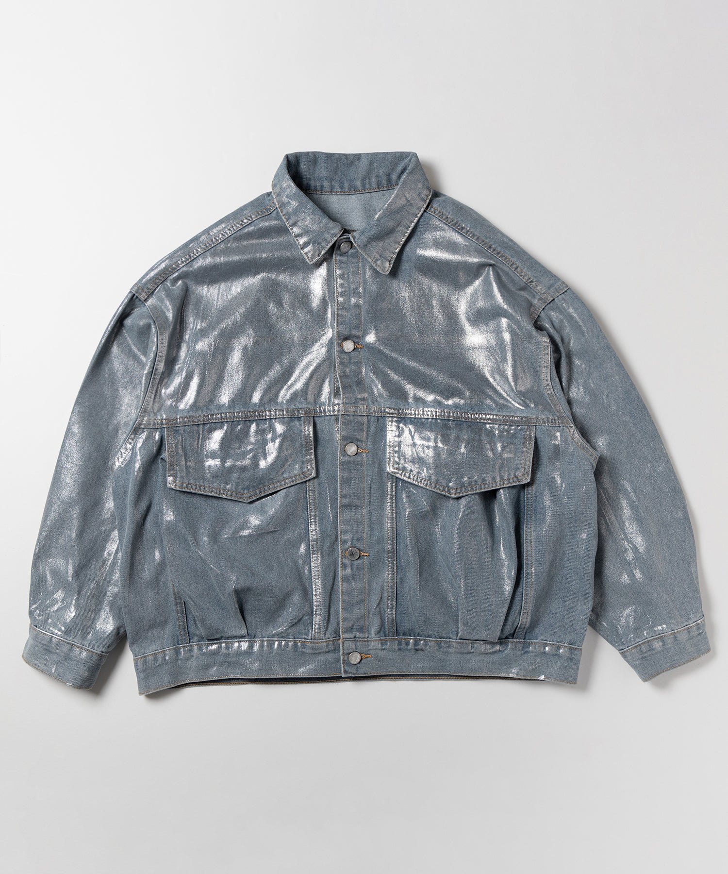 【 ２color 】メタリックハクプリントビッグシルエットボーイフレンドウォッシュデニムジャケット