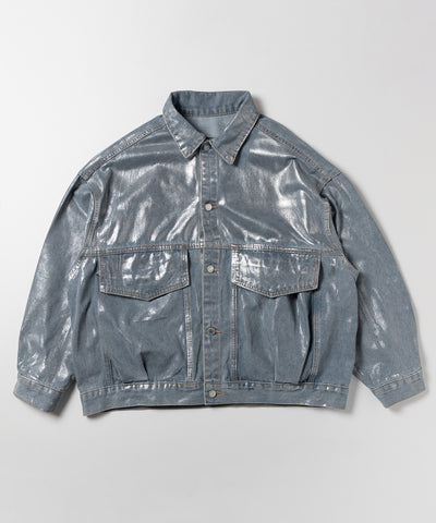 【 ２color 】メタリックハクプリントビッグシルエットボーイフレンドウォッシュデニムジャケット