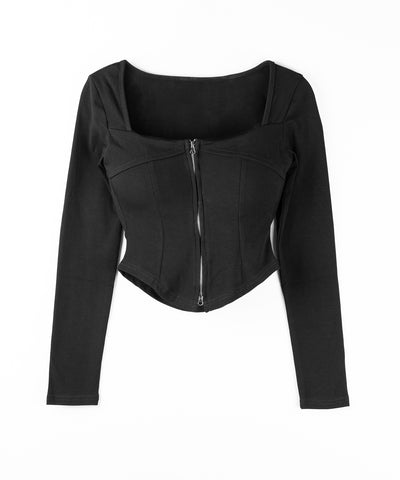 【 ２color 】ダブルジップコルセットスクエアネックロンＴ ／ double zip corset square neck longsleeve T-Shirt