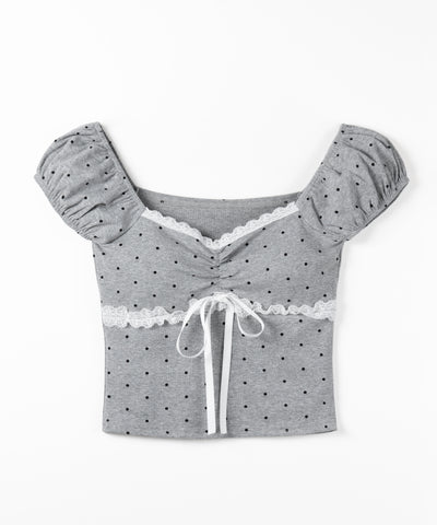 ドットレースリボンギャザーオフショルトップス ／ dot lace ribbon gathered off shoulder tops