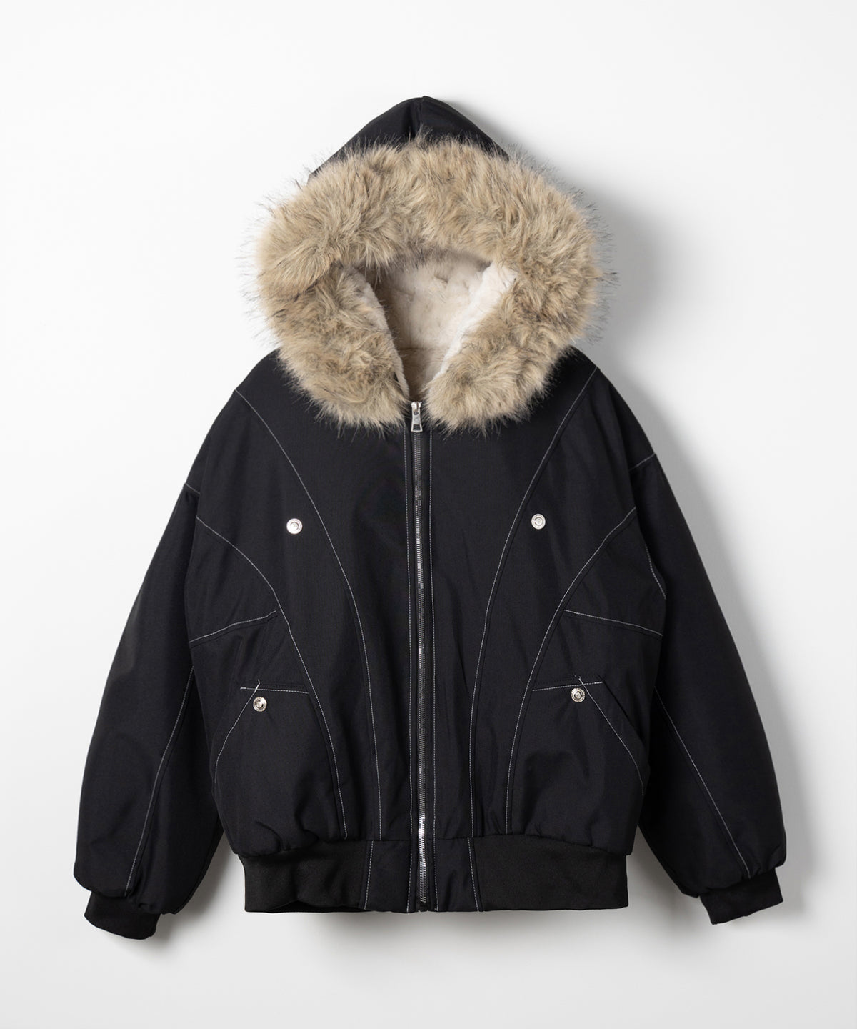 配色ステッチファーフード中綿オーバーブルゾン ／ stitch fur hood fake down over blouson