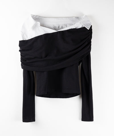 【 ２color 】シャツドッキングワイドオフショルトップス ／ shirt docking wide off shoulder tops