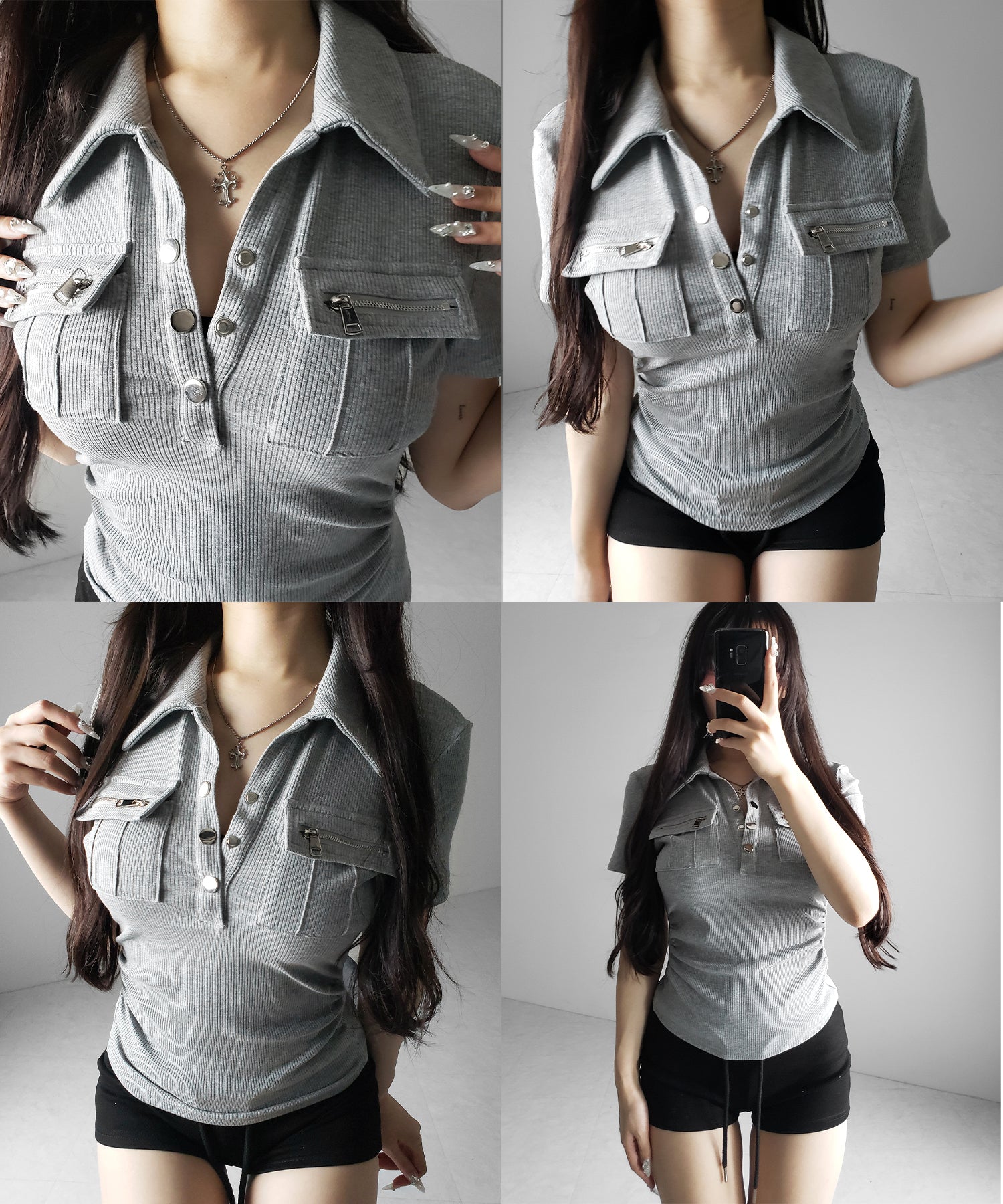 アウトポケットポロネックリブカットソートップス ／ out pocket polo neck rib cutsew tops