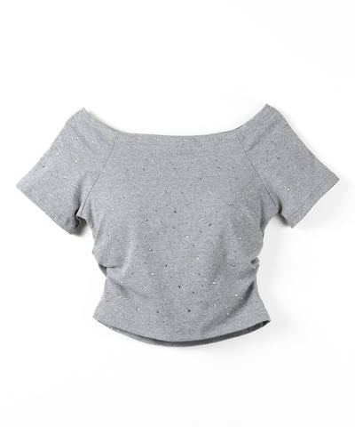ラインストーンオフショルスリムTシャツ ／ Rhine stone off shoulder slim T-shirts