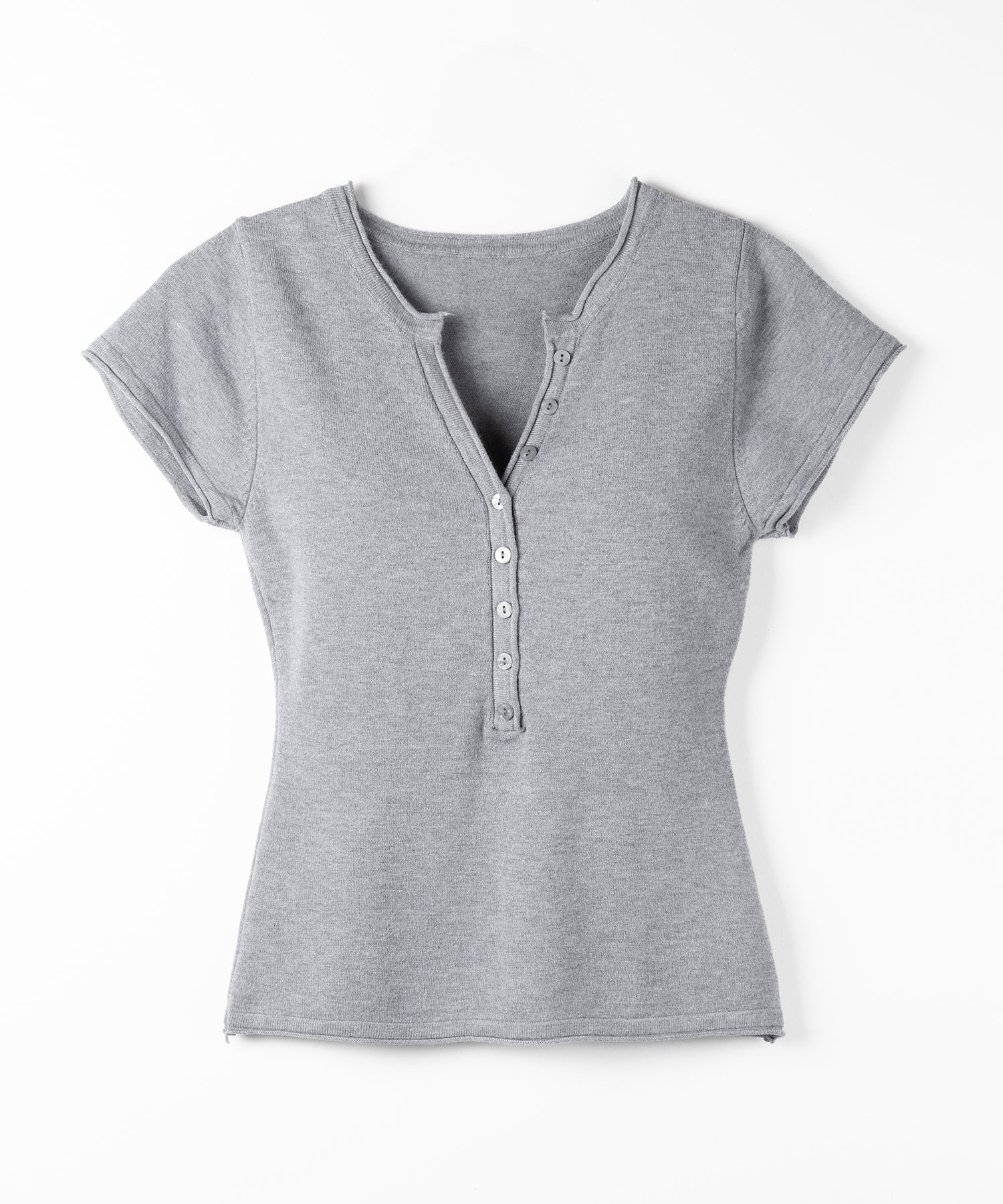 ヘンリーネック半袖ぴちニットトップス ／ henley neck short sleeve pichi knit tops